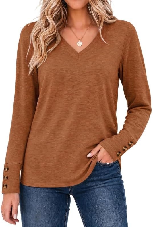 image:imageZeagoo Womens Long Sleeve Tops V Neck T Shirts Dressy Casual BlouseCaramel