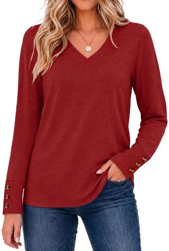 image:imageZeagoo Womens Long Sleeve Tops V Neck T Shirts Dressy Casual BlouseDeep Red