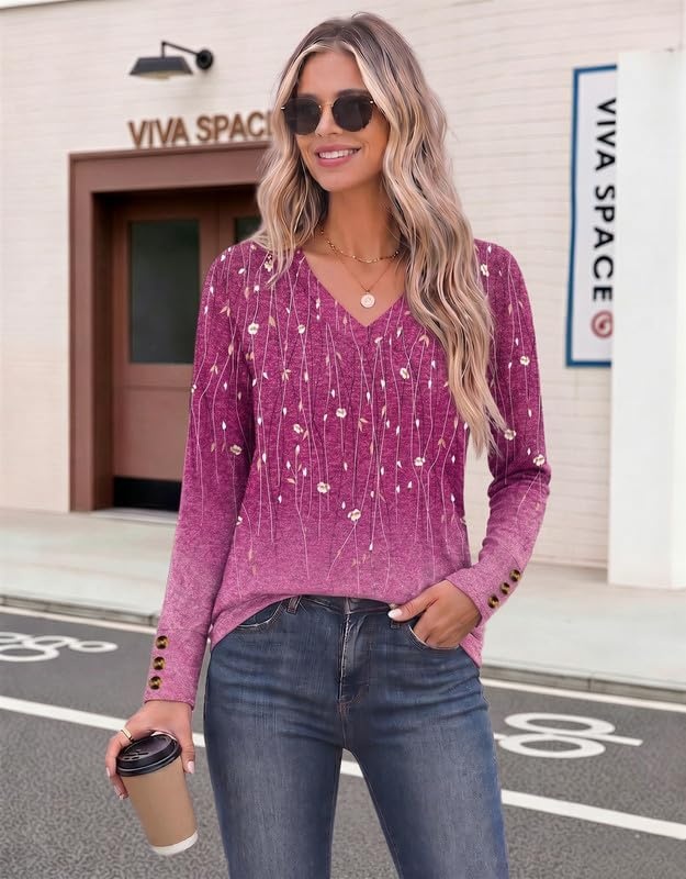 image:imageZeagoo Womens Long Sleeve Tops V Neck T Shirts Dressy Casual BlouseFloral Purple