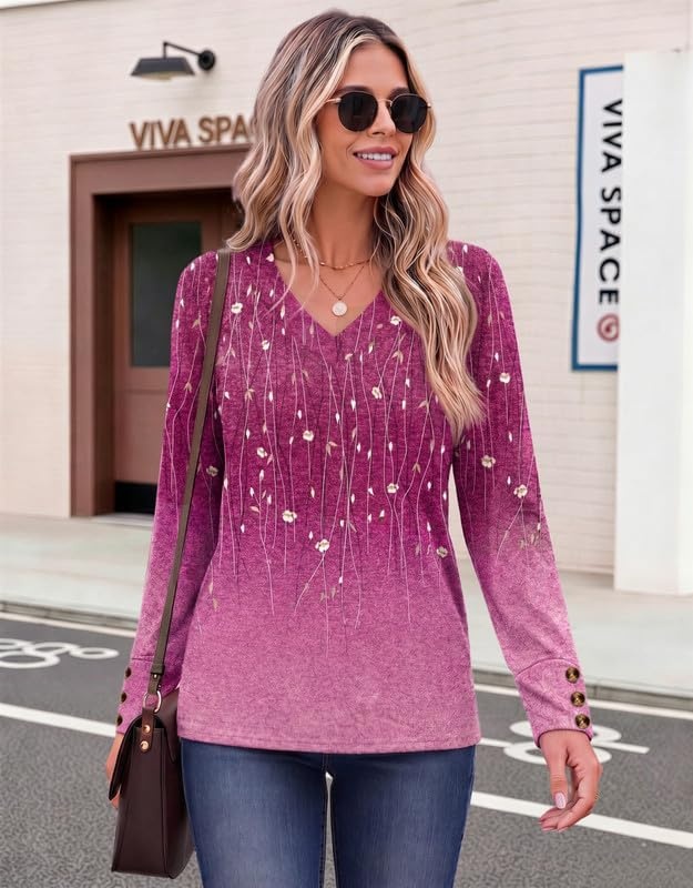 image:imageZeagoo Womens Long Sleeve Tops V Neck T Shirts Dressy Casual BlouseFloral Purple