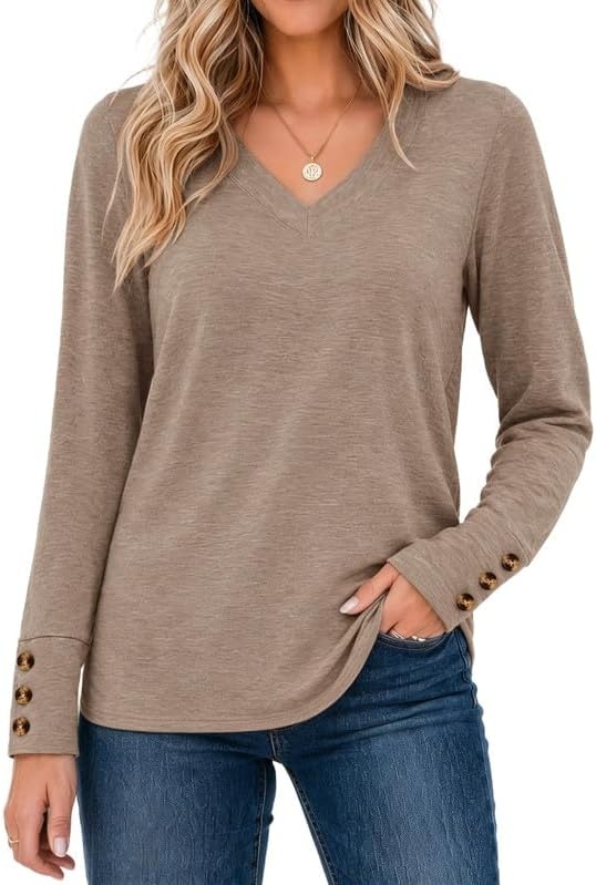 image:imageZeagoo Womens Long Sleeve Tops V Neck T Shirts Dressy Casual BlouseKhaki