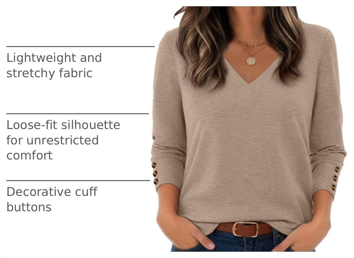 image:imageZeagoo Womens Long Sleeve Tops V Neck T Shirts Dressy Casual BlouseKhaki