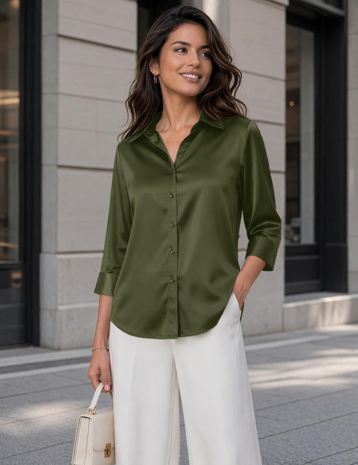 image:imageZeagoo Womens Satin Blouses Button Down Shirts 34 Sleeve Dressy Tops S2XLArmy Green