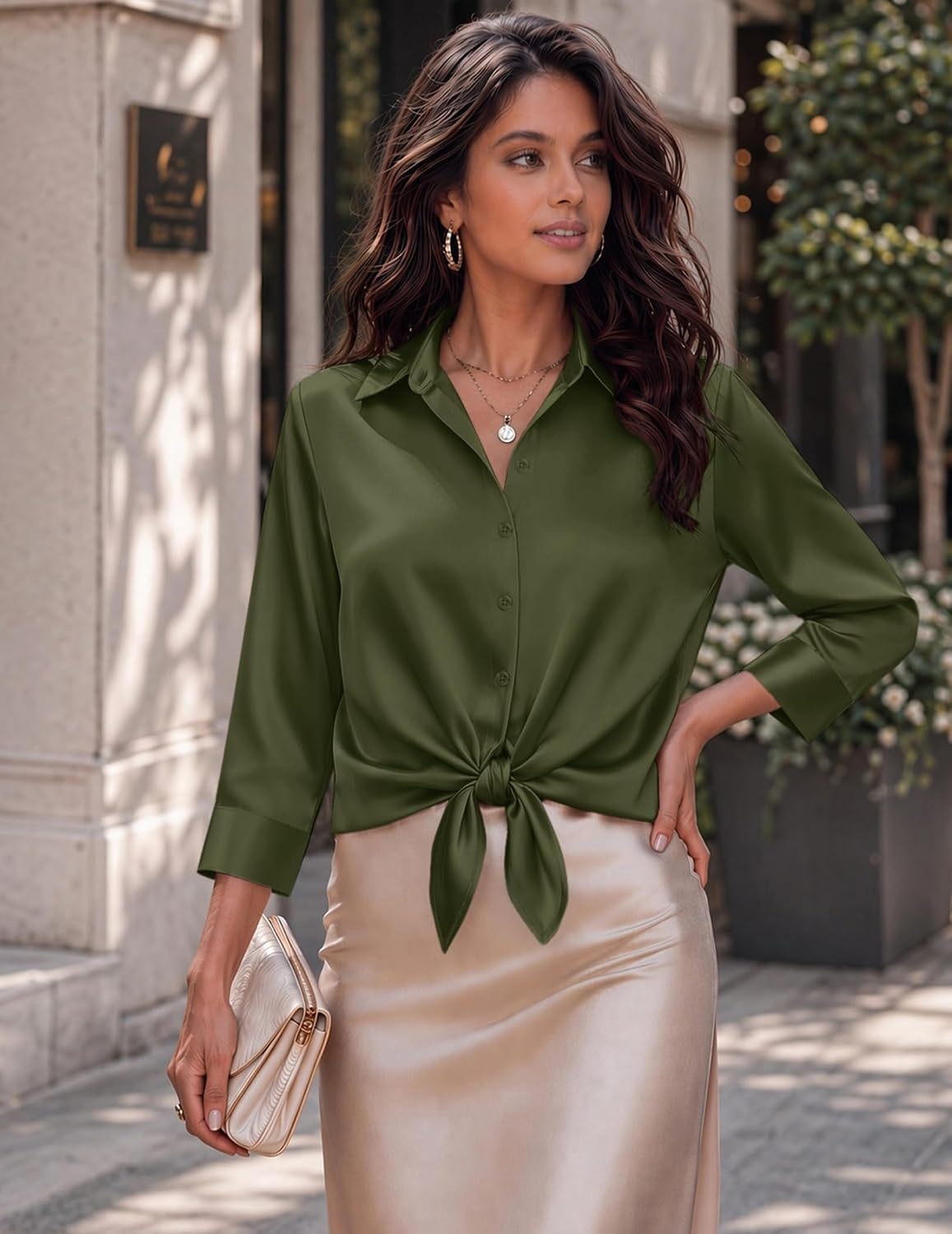 image:imageZeagoo Womens Satin Blouses Button Down Shirts 34 Sleeve Dressy Tops S2XLArmy Green