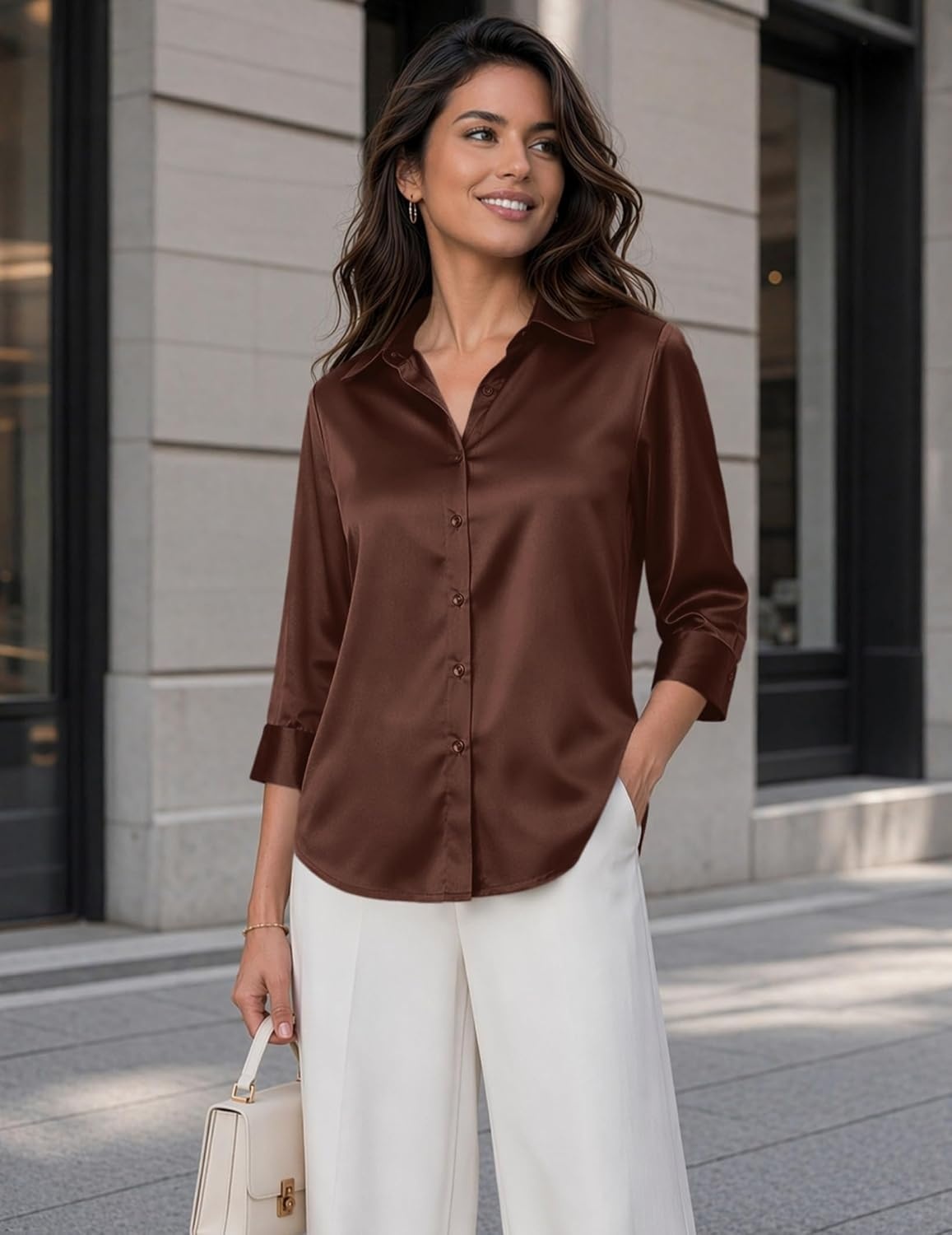 image:imageZeagoo Womens Satin Blouses Button Down Shirts 34 Sleeve Dressy Tops S2XLBrown
