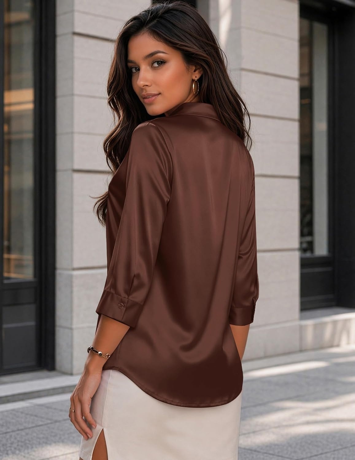 image:imageZeagoo Womens Satin Blouses Button Down Shirts 34 Sleeve Dressy Tops S2XLBrown