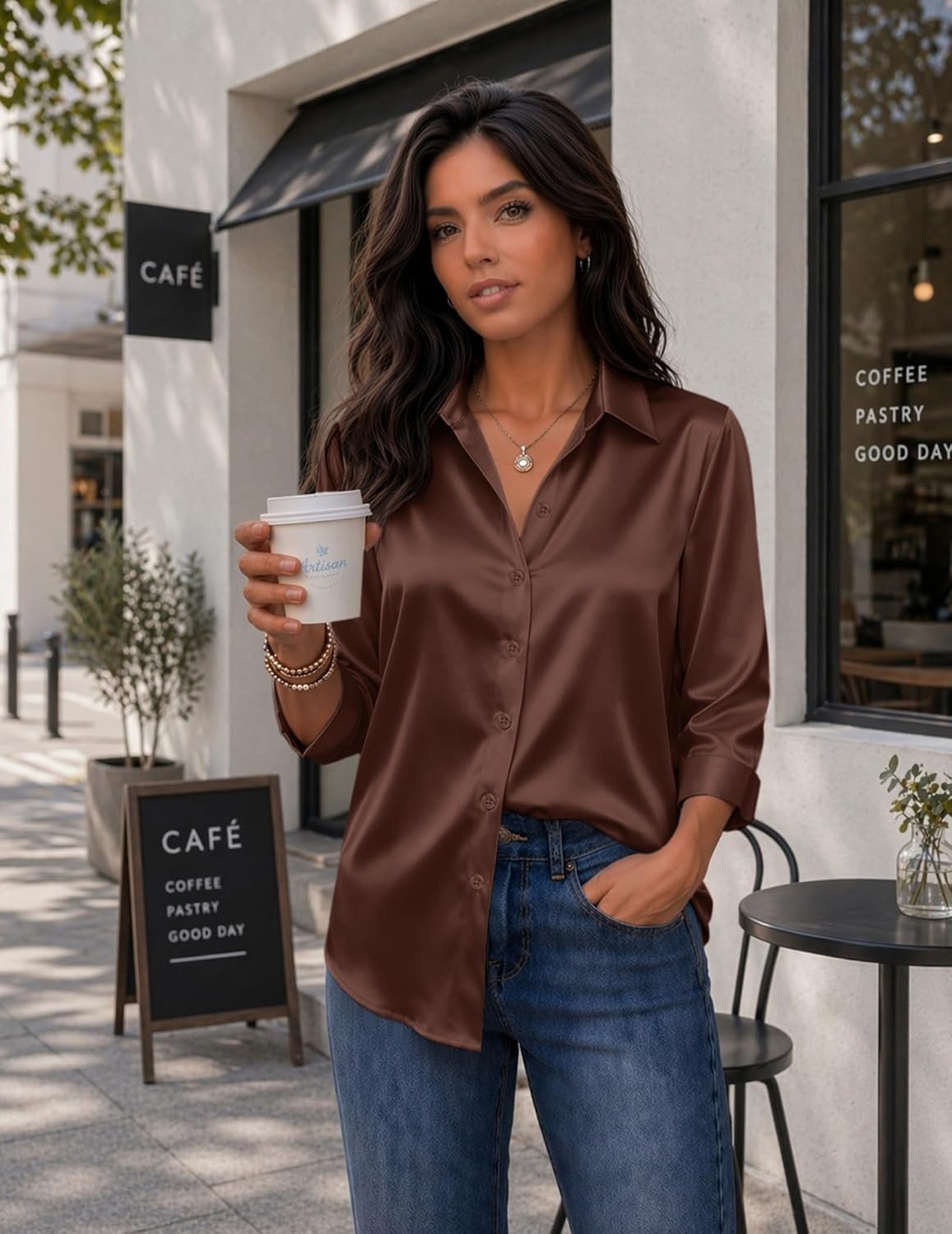 image:imageZeagoo Womens Satin Blouses Button Down Shirts 34 Sleeve Dressy Tops S2XLBrown