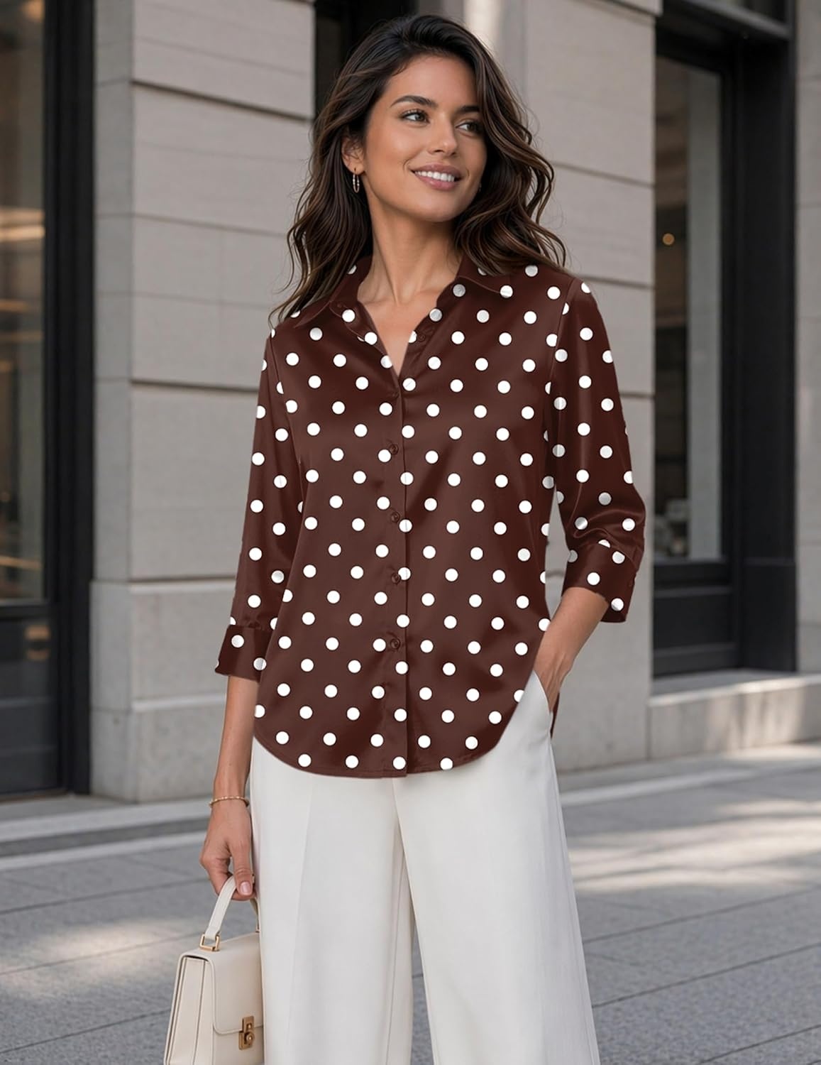 image:imageZeagoo Womens Satin Blouses Button Down Shirts 34 Sleeve Dressy Tops S2XLBrown Polka Dots