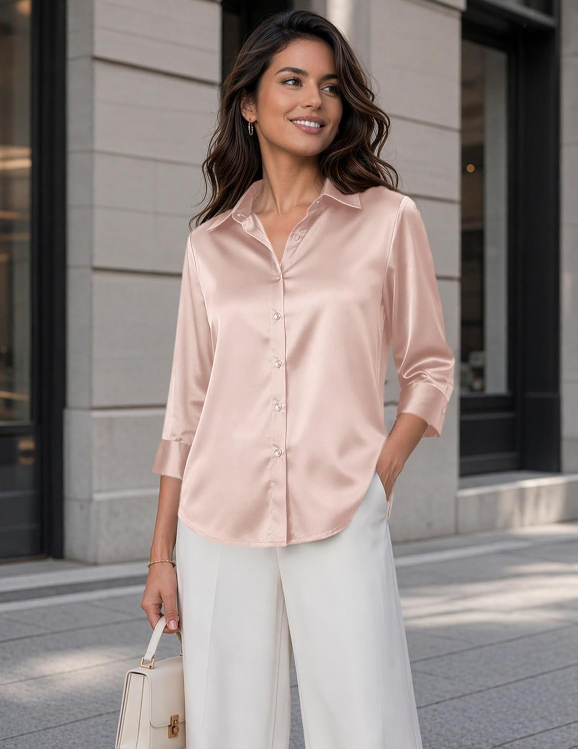 image:imageZeagoo Womens Satin Blouses Button Down Shirts 34 Sleeve Dressy Tops S2XLChampagne