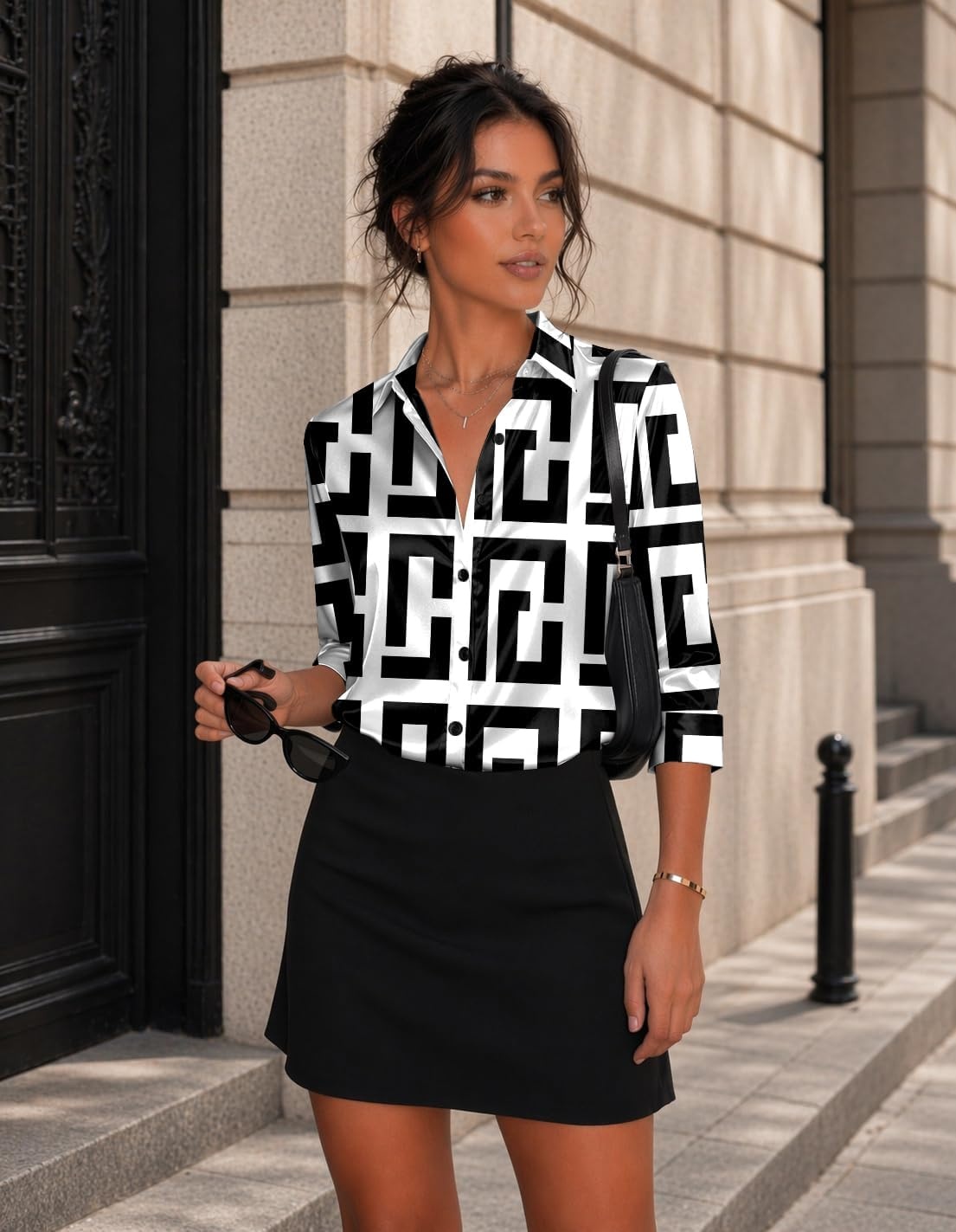 image:imageZeagoo Womens Satin Blouses Button Down Shirts 34 Sleeve Dressy Tops S2XLGeometry