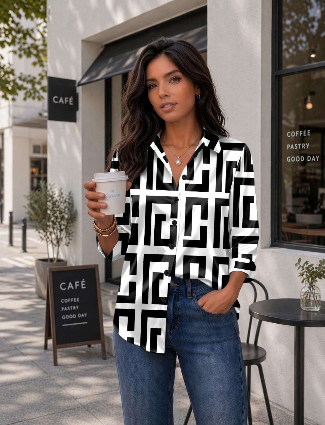 image:imageZeagoo Womens Satin Blouses Button Down Shirts 34 Sleeve Dressy Tops S2XLGeometry