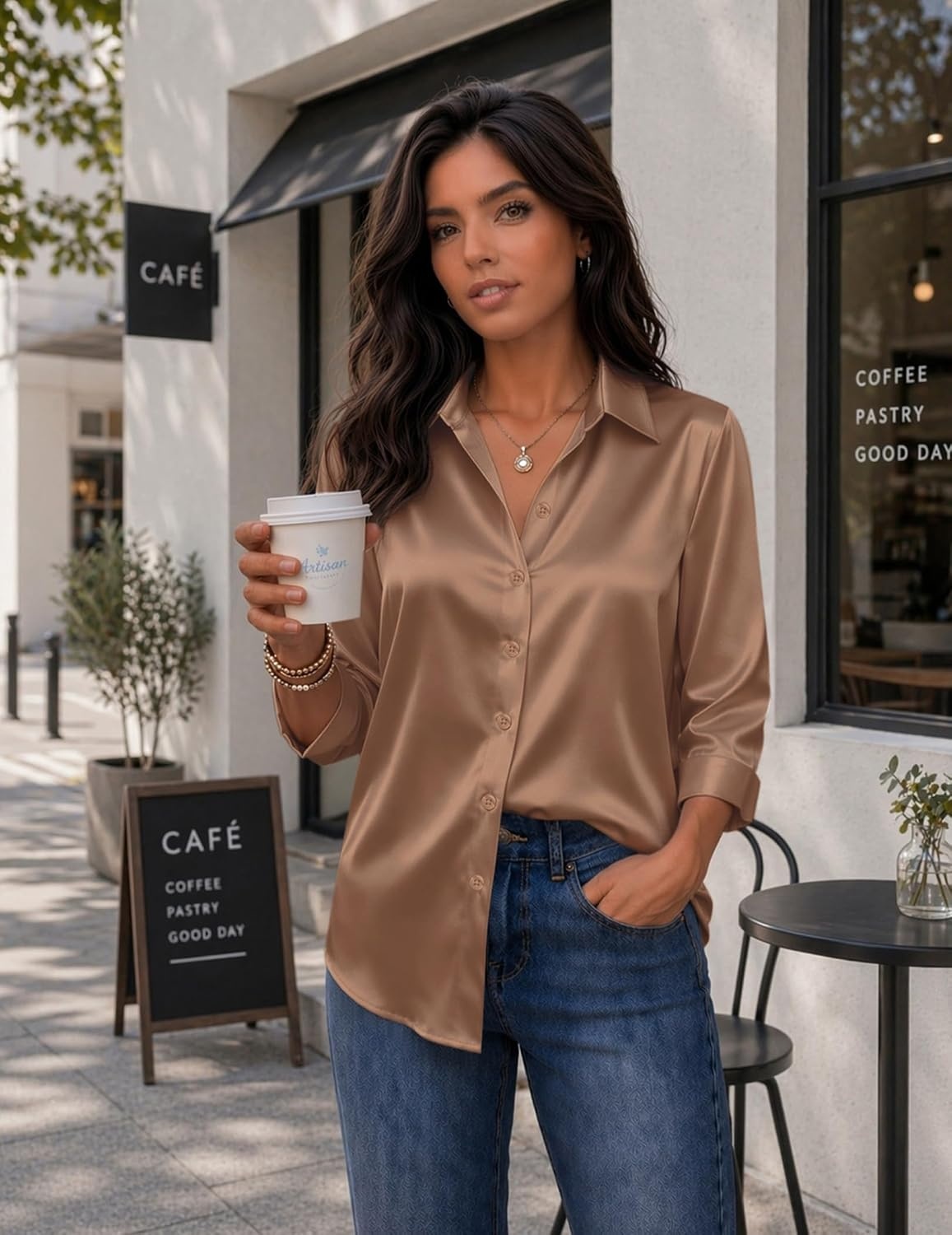 image:imageZeagoo Womens Satin Blouses Button Down Shirts 34 Sleeve Dressy Tops S2XLLight Coffee