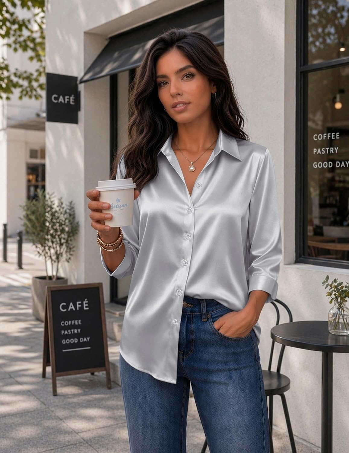 image:imageZeagoo Womens Satin Blouses Button Down Shirts 34 Sleeve Dressy Tops S2XLLight Gray