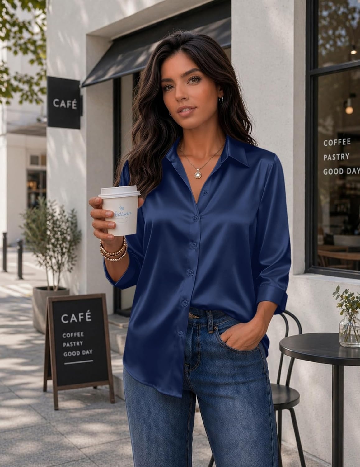 image:imageZeagoo Womens Satin Blouses Button Down Shirts 34 Sleeve Dressy Tops S2XLNavy Blue