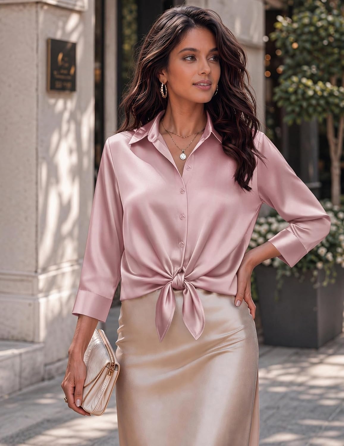 image:imageZeagoo Womens Satin Blouses Button Down Shirts 34 Sleeve Dressy Tops S2XLPink