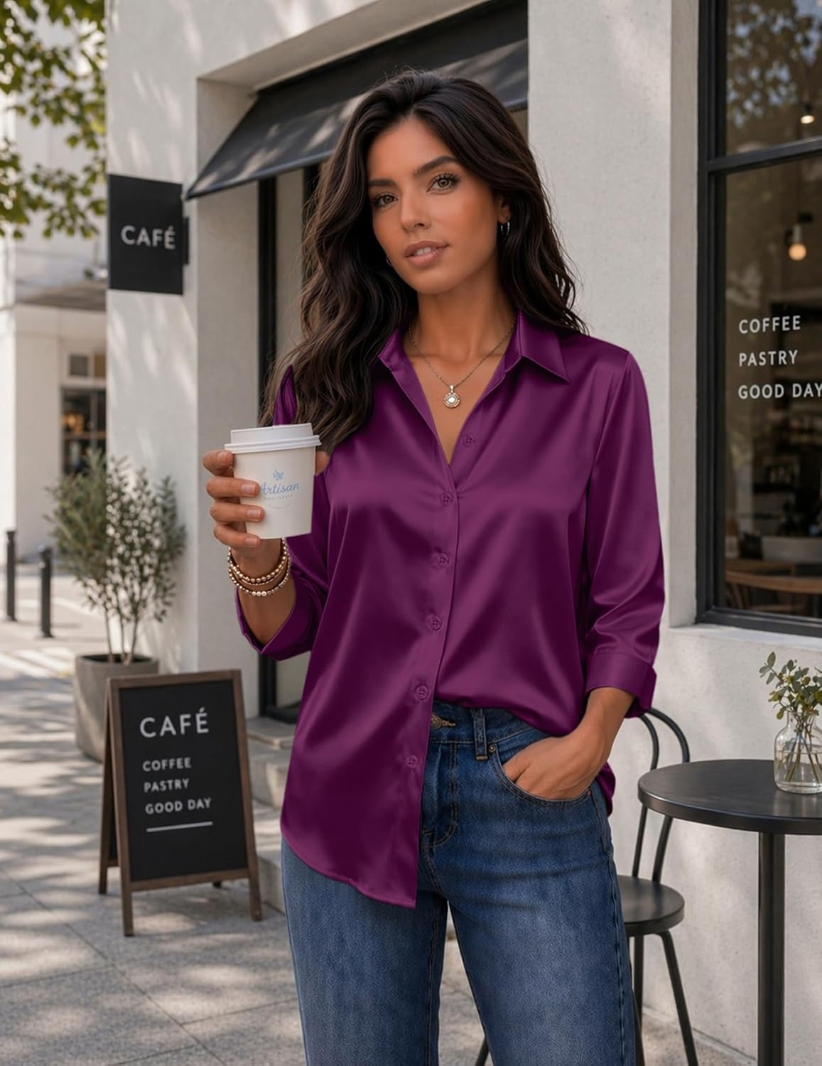 image:imageZeagoo Womens Satin Blouses Button Down Shirts 34 Sleeve Dressy Tops S2XLPurple