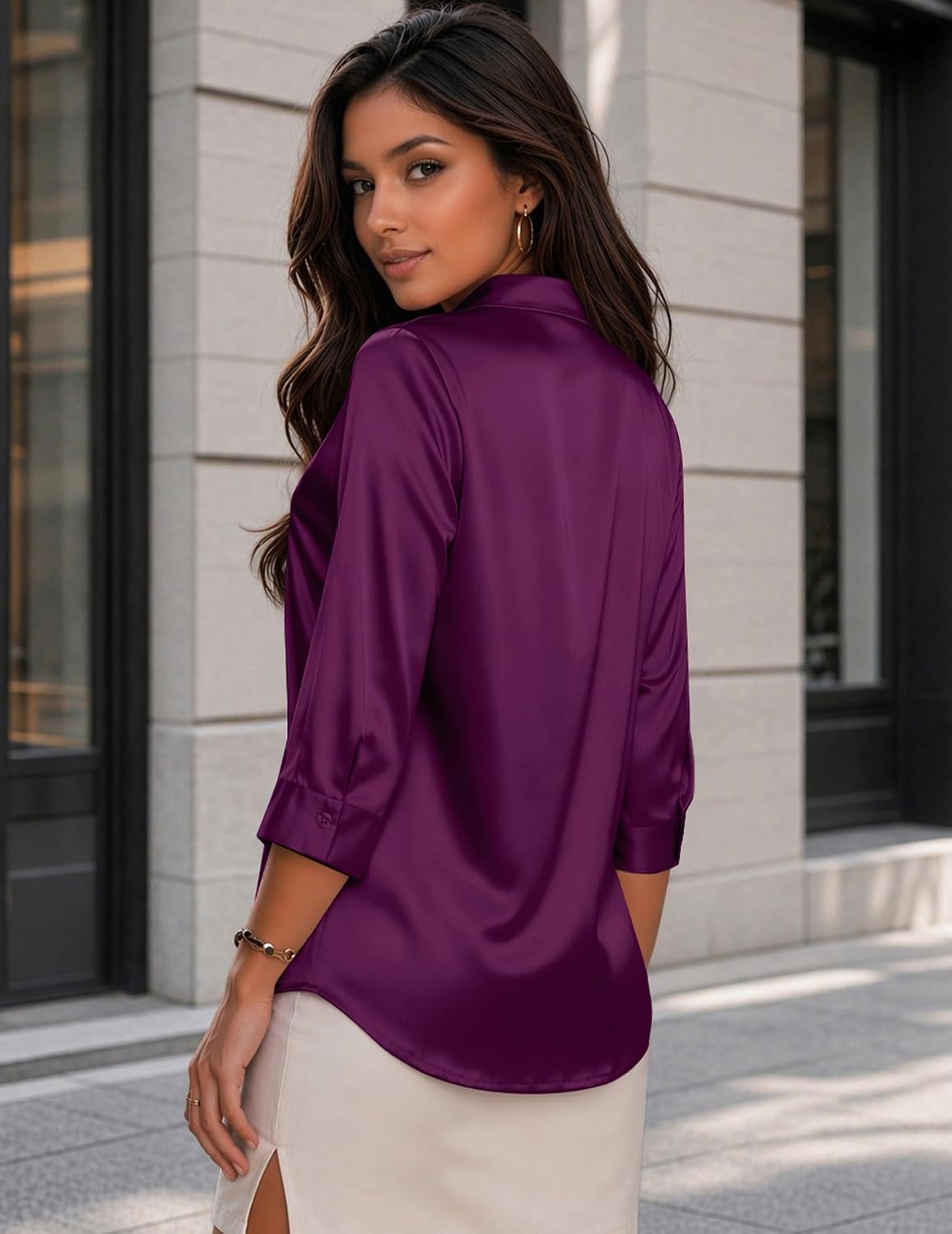 image:imageZeagoo Womens Satin Blouses Button Down Shirts 34 Sleeve Dressy Tops S2XLPurple