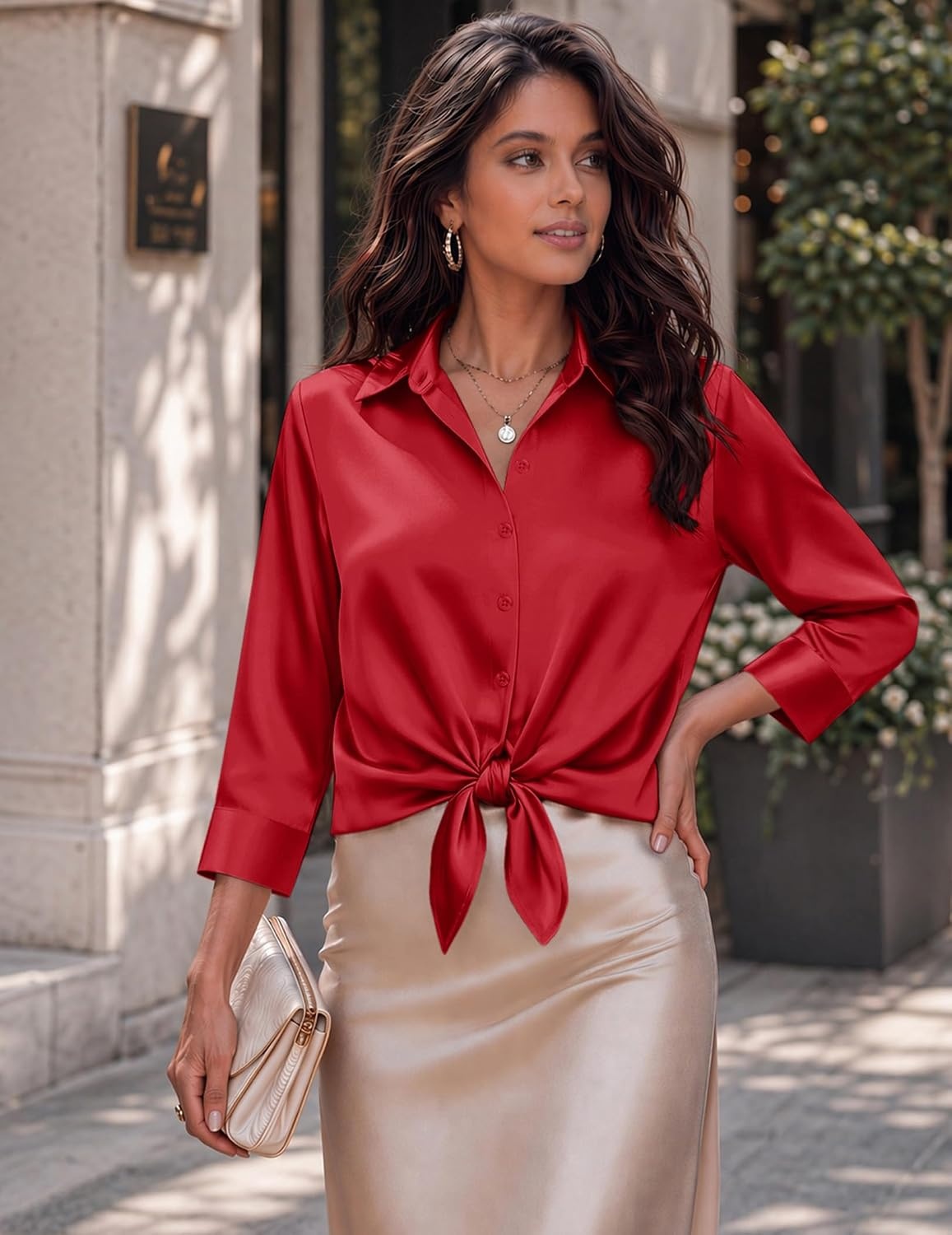 image:imageZeagoo Womens Satin Blouses Button Down Shirts 34 Sleeve Dressy Tops S2XLRed