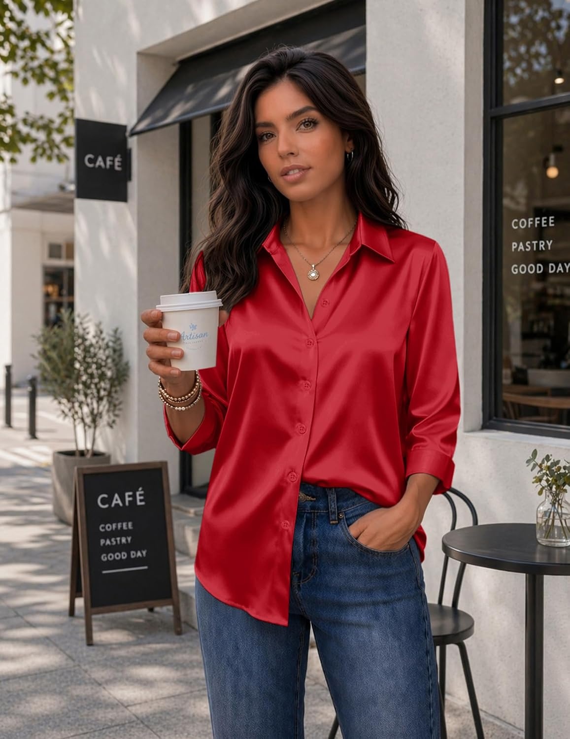 image:imageZeagoo Womens Satin Blouses Button Down Shirts 34 Sleeve Dressy Tops S2XLRed