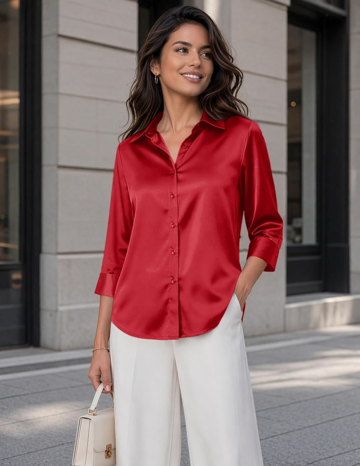 image:imageZeagoo Womens Satin Blouses Button Down Shirts 34 Sleeve Dressy Tops S2XLRed