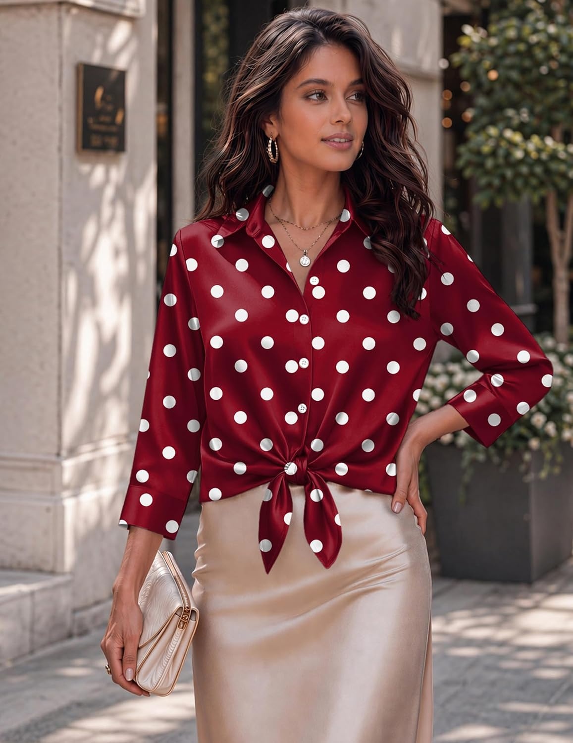 image:imageZeagoo Womens Satin Blouses Button Down Shirts 34 Sleeve Dressy Tops S2XLRed Polka Dots