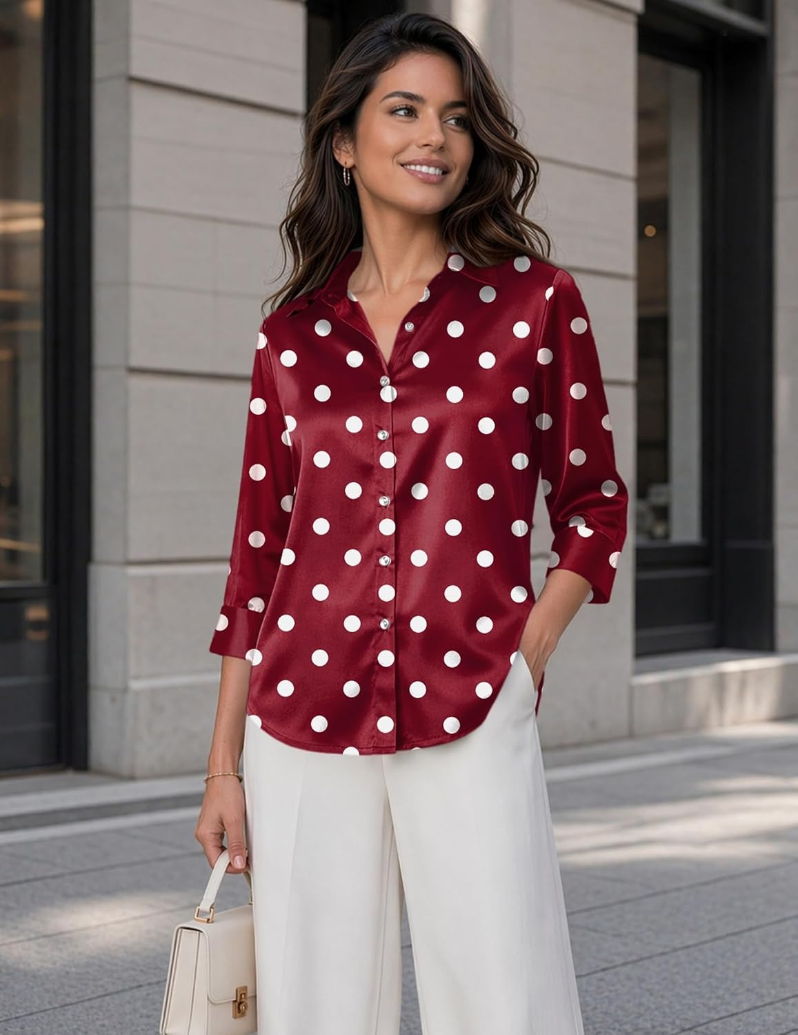 image:imageZeagoo Womens Satin Blouses Button Down Shirts 34 Sleeve Dressy Tops S2XLRed Polka Dots