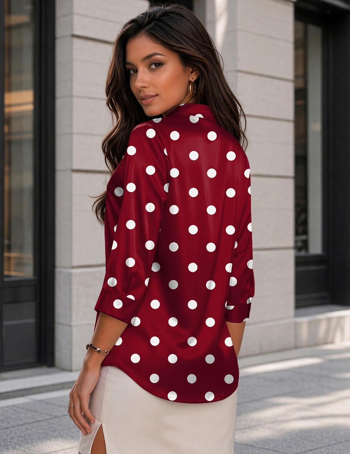 image:imageZeagoo Womens Satin Blouses Button Down Shirts 34 Sleeve Dressy Tops S2XLRed Polka Dots