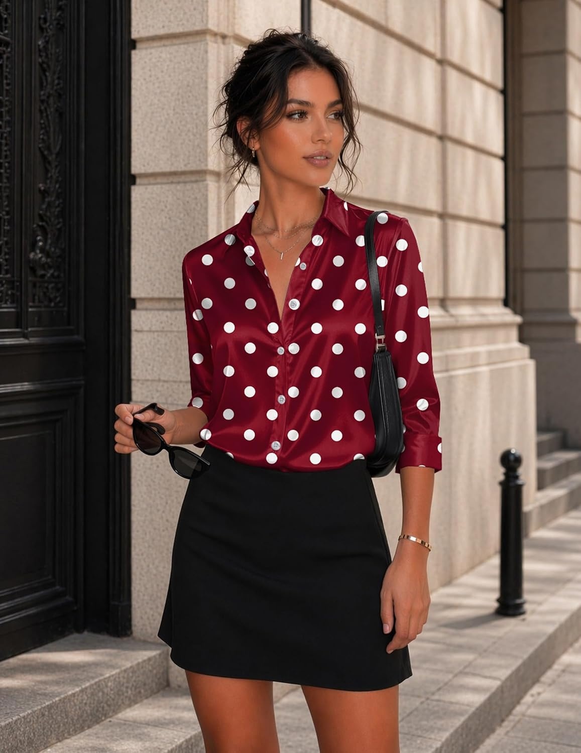 image:imageZeagoo Womens Satin Blouses Button Down Shirts 34 Sleeve Dressy Tops S2XLRed Polka Dots