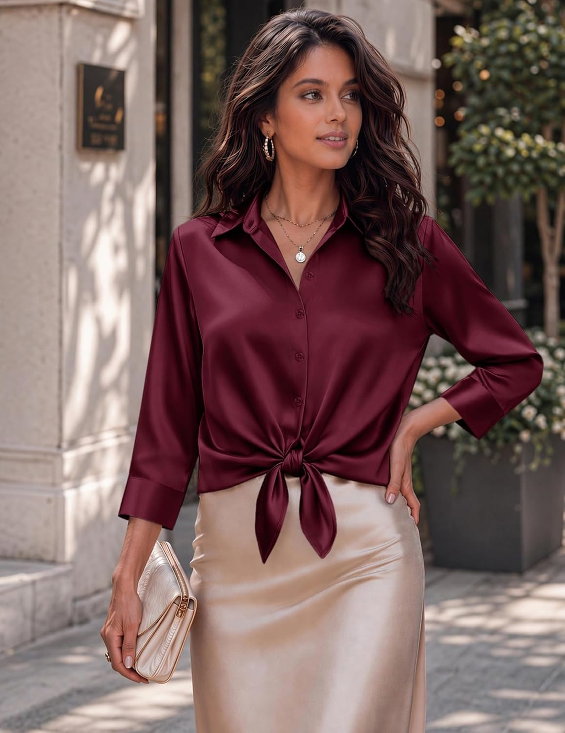 image:imageZeagoo Womens Satin Blouses Button Down Shirts 34 Sleeve Dressy Tops S2XLWine Red