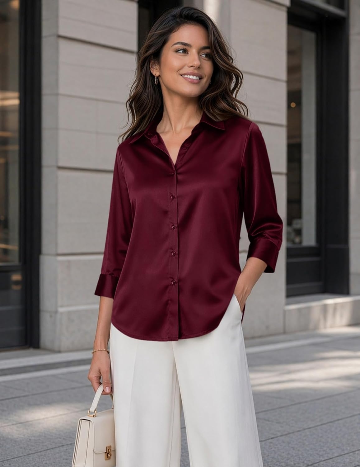 image:imageZeagoo Womens Satin Blouses Button Down Shirts 34 Sleeve Dressy Tops S2XLWine Red