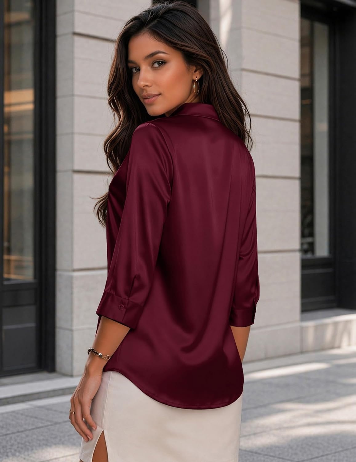 image:imageZeagoo Womens Satin Blouses Button Down Shirts 34 Sleeve Dressy Tops S2XLWine Red