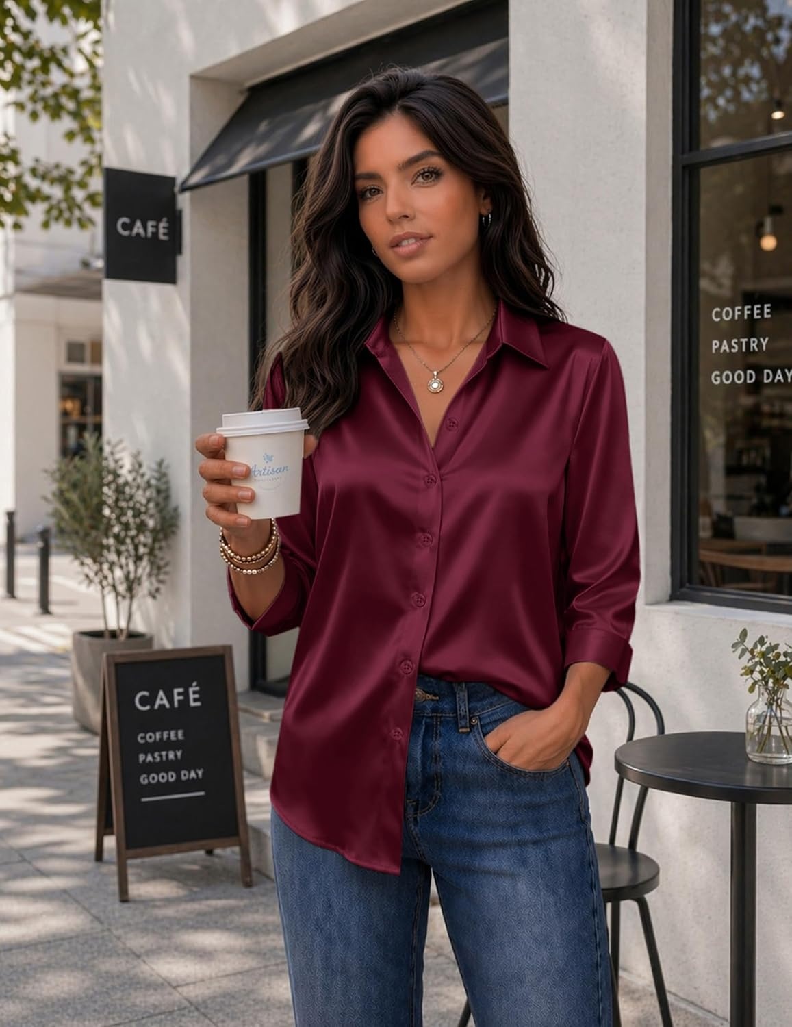 image:imageZeagoo Womens Satin Blouses Button Down Shirts 34 Sleeve Dressy Tops S2XLWine Red
