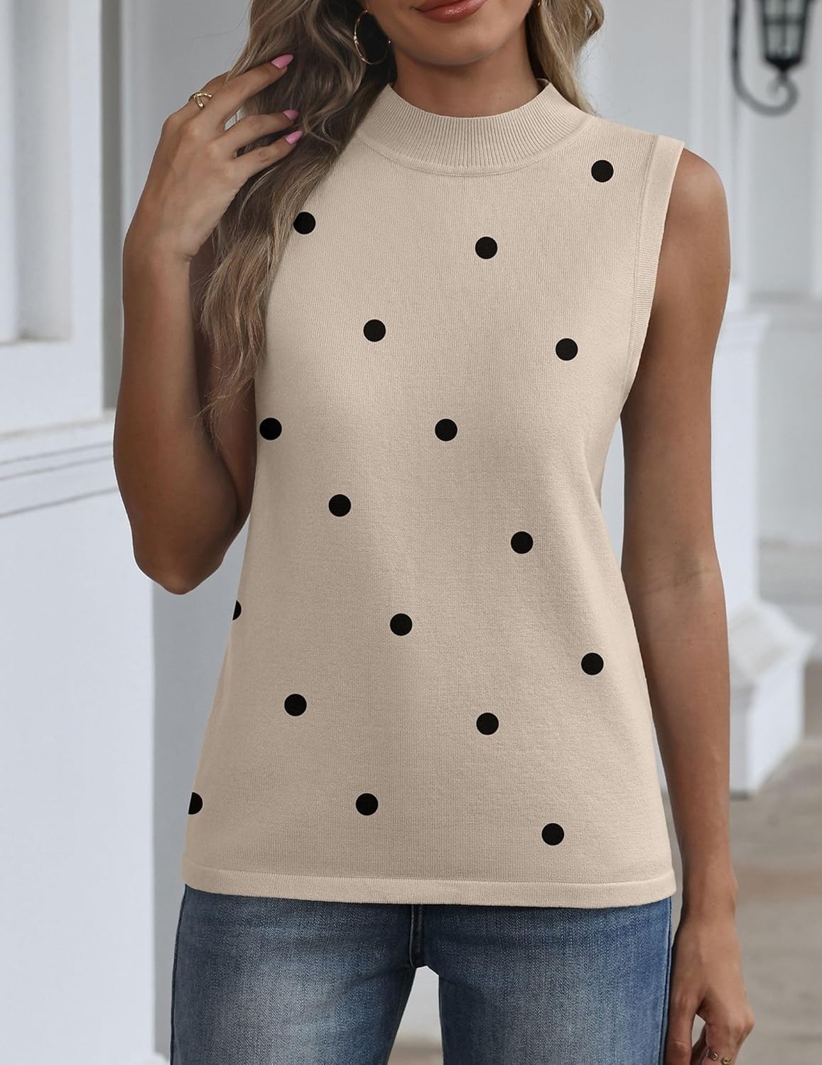 image:imageZeagoo Womens Sleeveless Tops Turtleneck Sweater Business Casual OutfitsA1polka Dotkhaki