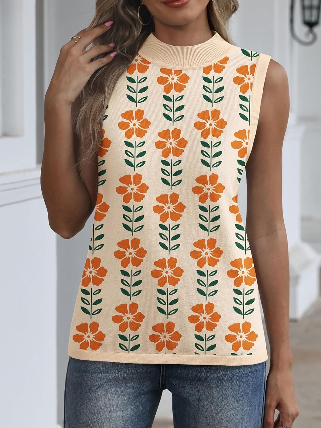 image:imageZeagoo Womens Sleeveless Tops Turtleneck Sweater Business Casual OutfitsA2floral Apricot