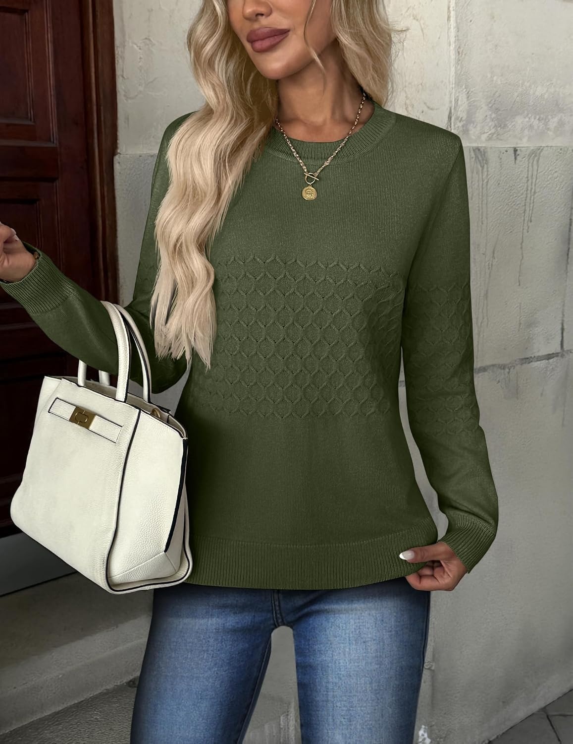 image:imageZeagoo Womens Sweaters Long Sleeve Crew Neck Ribbed Knit Tops Fall ClothesA Army Green