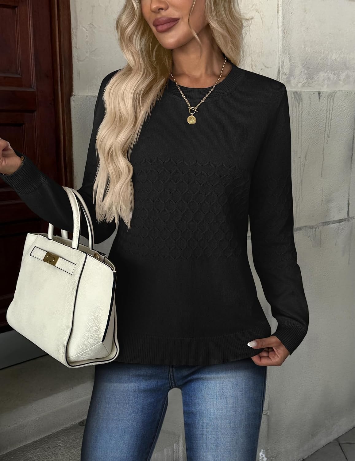 image:imageZeagoo Womens Sweaters Long Sleeve Crew Neck Ribbed Knit Tops Fall ClothesA Black