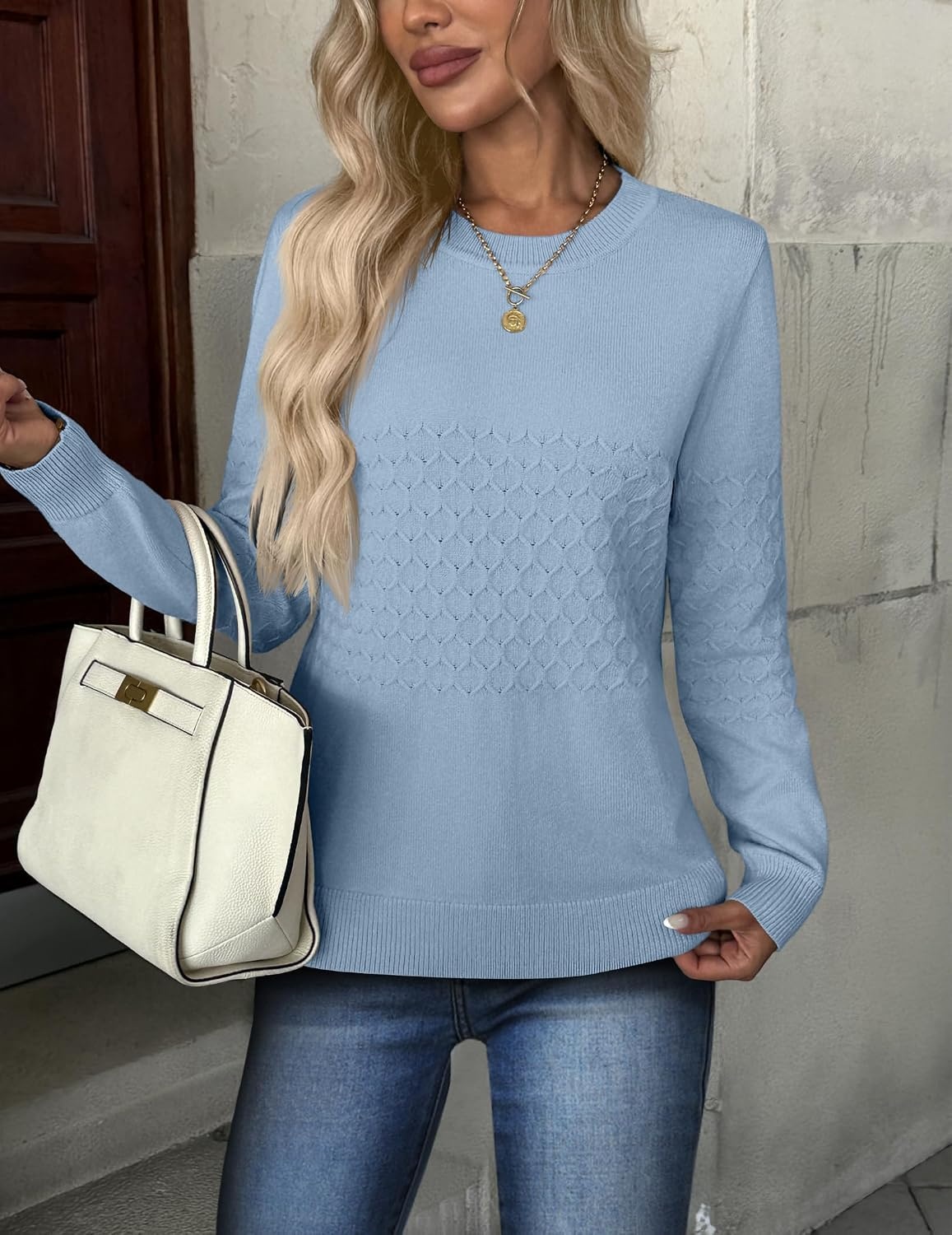 image:imageZeagoo Womens Sweaters Long Sleeve Crew Neck Ribbed Knit Tops Fall ClothesA Light Blue