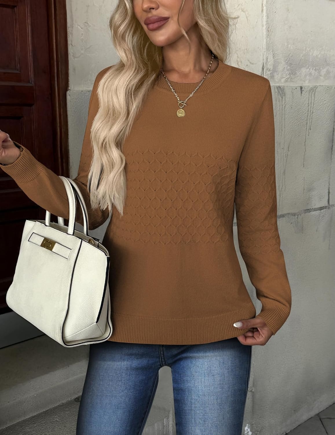 image:imageZeagoo Womens Sweaters Long Sleeve Crew Neck Ribbed Knit Tops Fall ClothesA Light Brown
