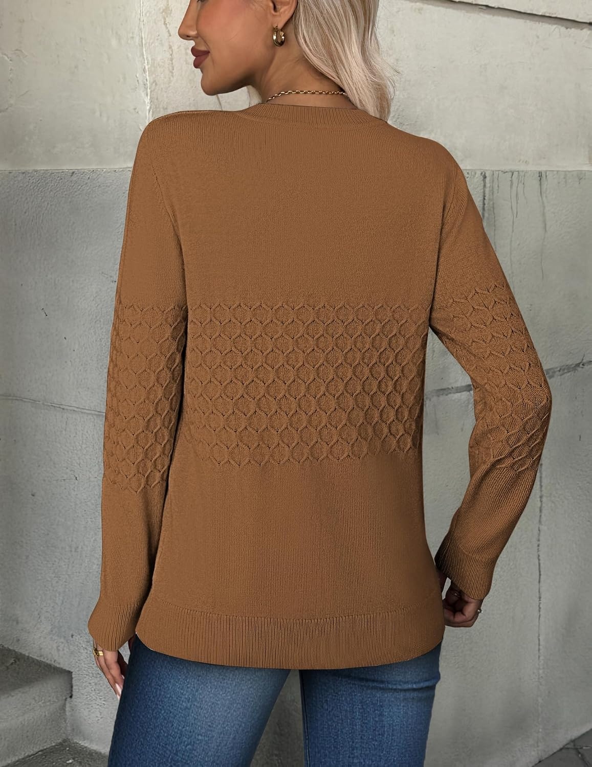 image:imageZeagoo Womens Sweaters Long Sleeve Crew Neck Ribbed Knit Tops Fall ClothesA Light Brown