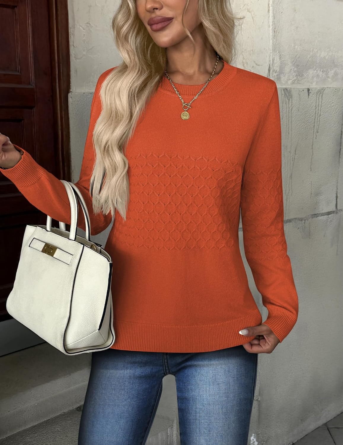 image:imageZeagoo Womens Sweaters Long Sleeve Crew Neck Ribbed Knit Tops Fall ClothesA Orange