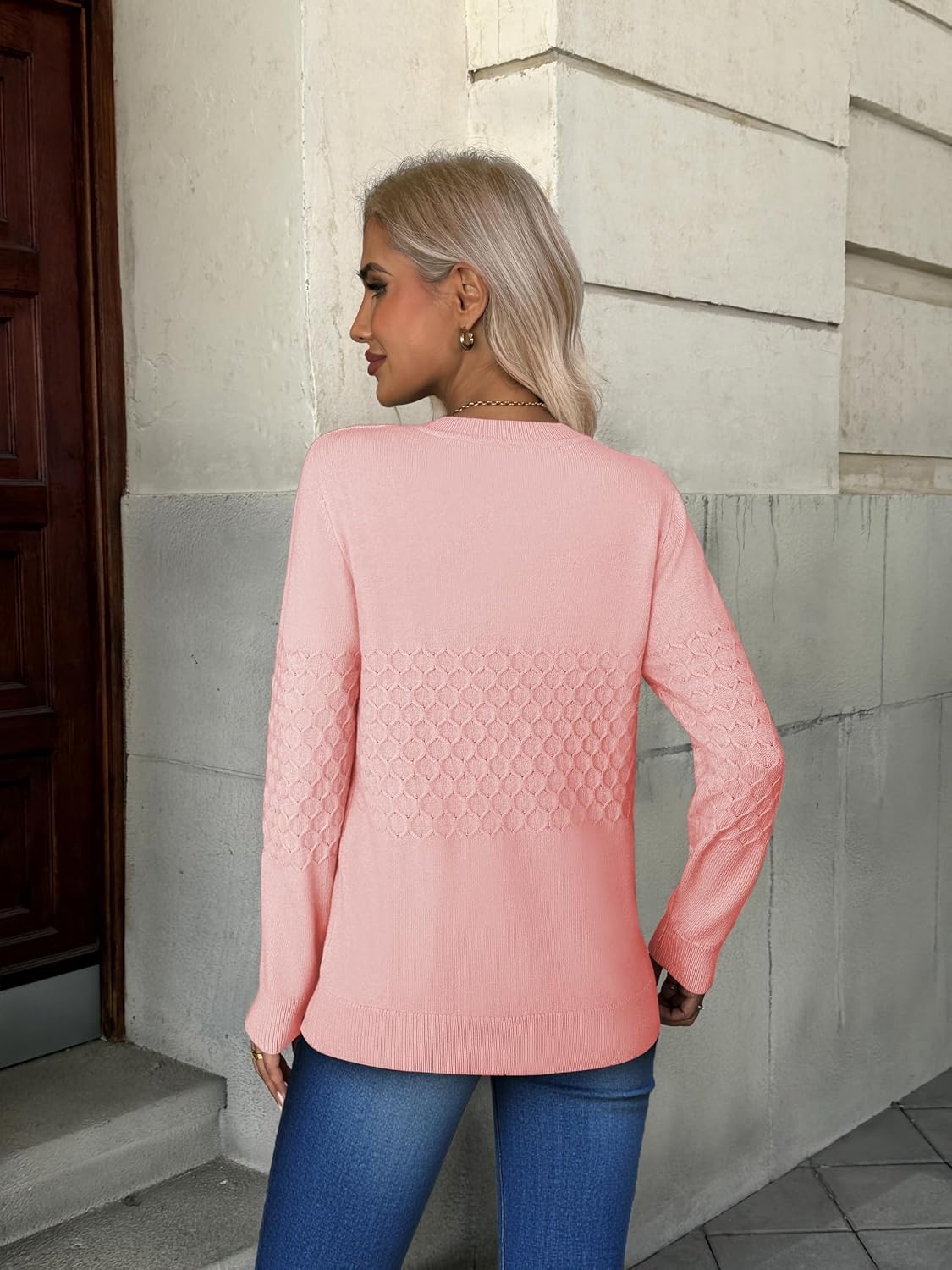 image:imageZeagoo Womens Sweaters Long Sleeve Crew Neck Ribbed Knit Tops Fall ClothesA Pink
