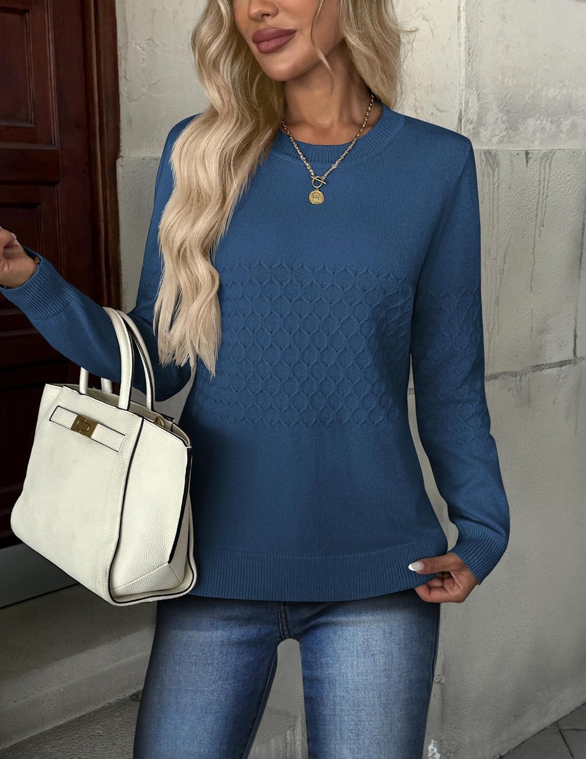 image:imageZeagoo Womens Sweaters Long Sleeve Crew Neck Ribbed Knit Tops Fall ClothesA Royal Blue