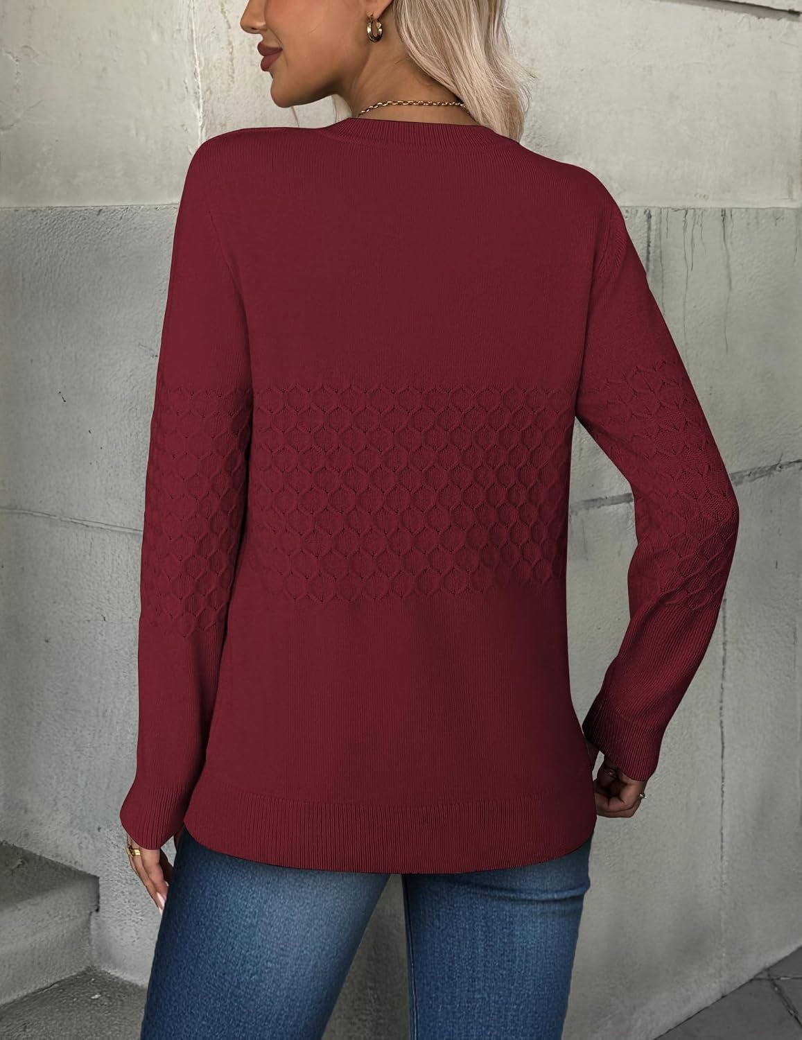 image:imageZeagoo Womens Sweaters Long Sleeve Crew Neck Ribbed Knit Tops Fall ClothesA Wine Red