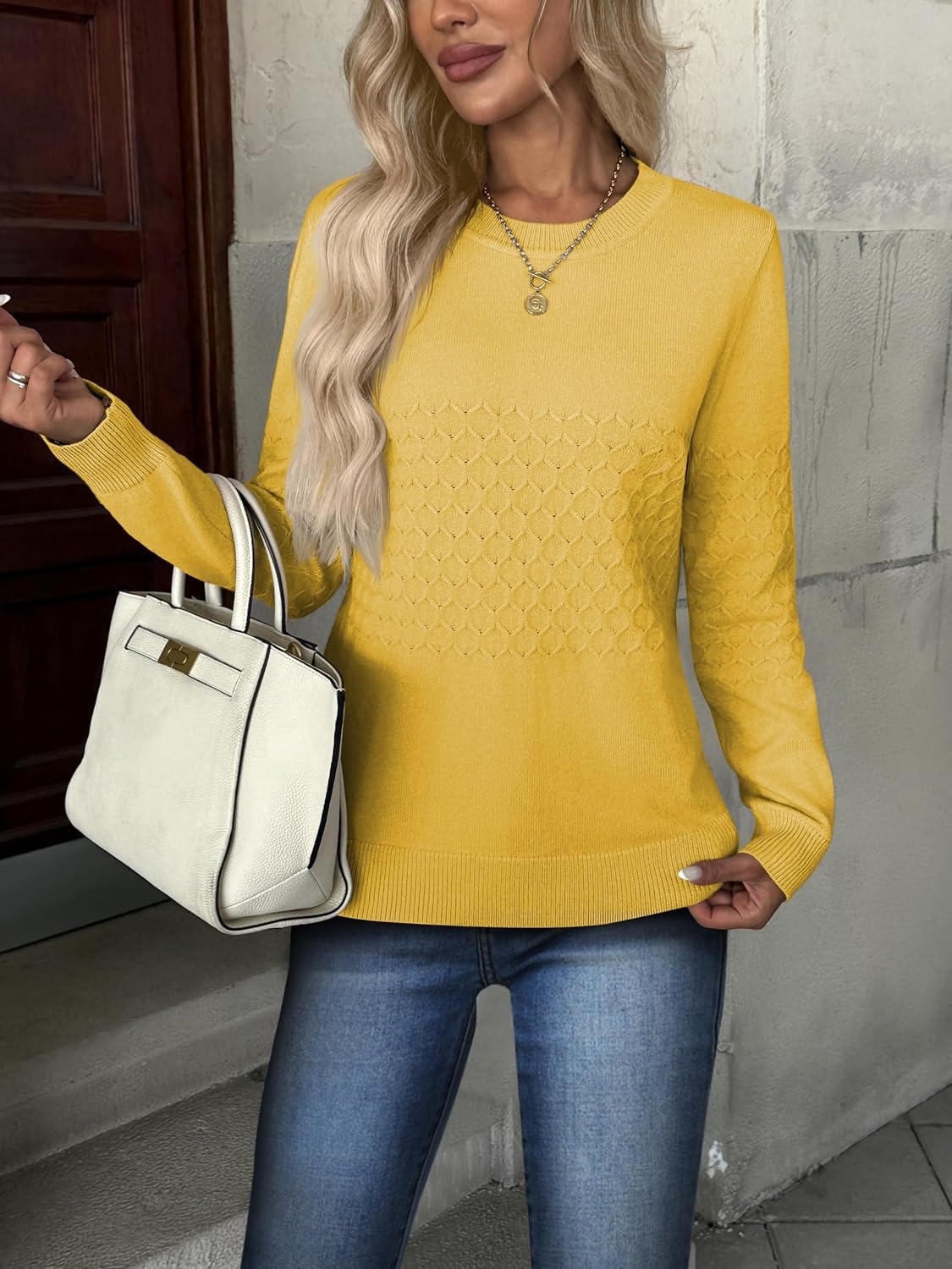 image:imageZeagoo Womens Sweaters Long Sleeve Crew Neck Ribbed Knit Tops Fall ClothesA Yellow