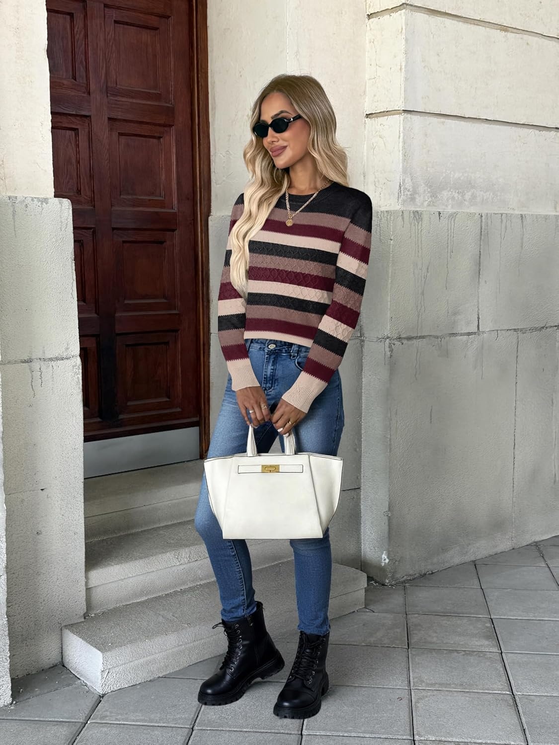 image:imageZeagoo Womens Sweaters Long Sleeve Crew Neck Ribbed Knit Tops Fall ClothesColorblock 229