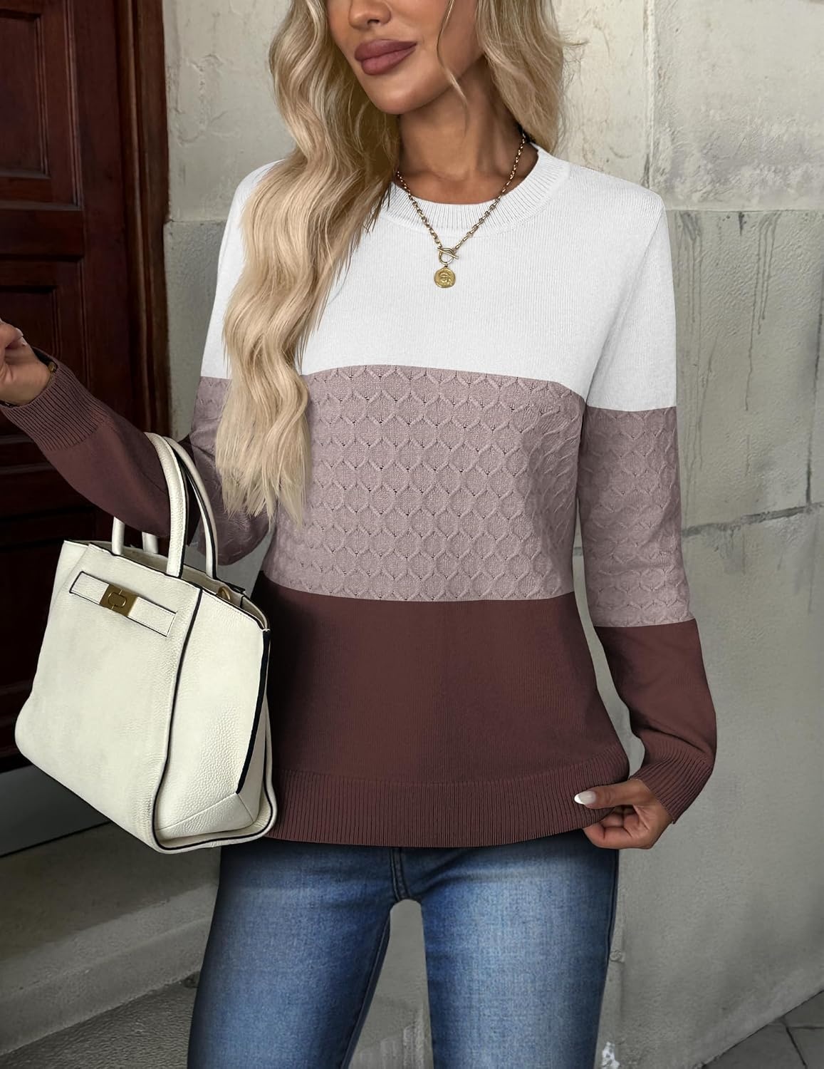 image:imageZeagoo Womens Sweaters Long Sleeve Crew Neck Ribbed Knit Tops Fall ClothesColorblock 284