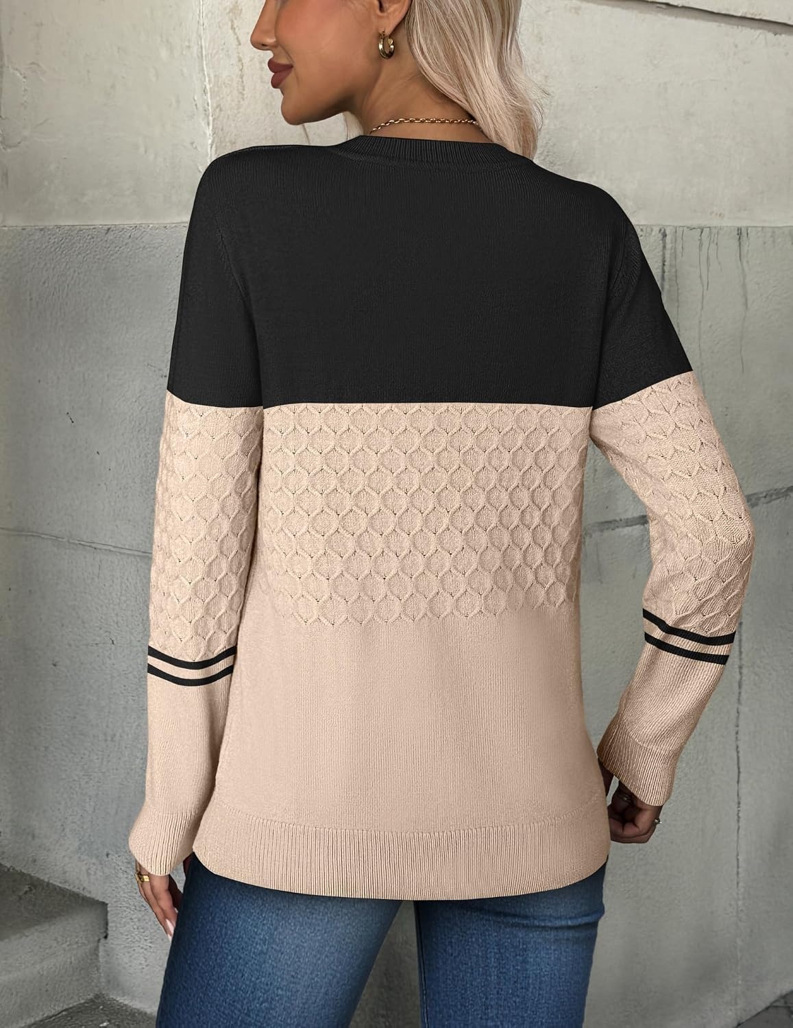 image:imageZeagoo Womens Sweaters Long Sleeve Crew Neck Ribbed Knit Tops Fall ClothesColorblock 724