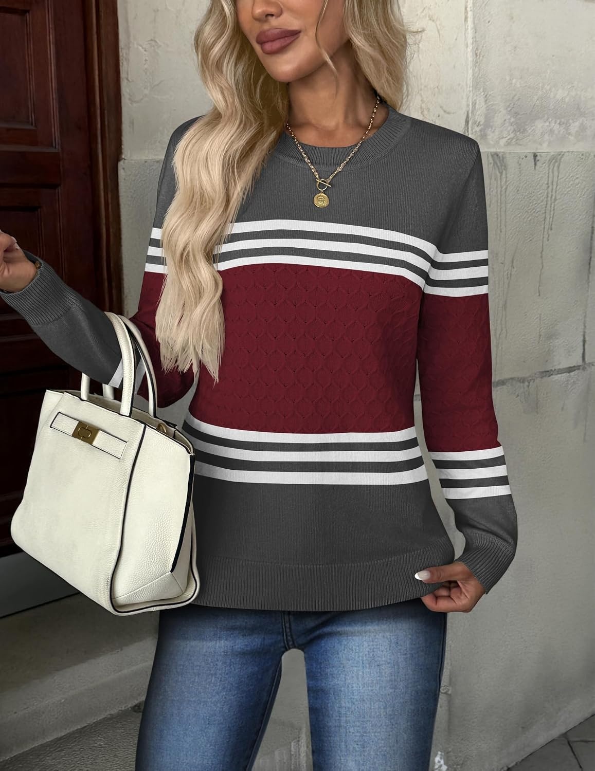image:imageZeagoo Womens Sweaters Long Sleeve Crew Neck Ribbed Knit Tops Fall ClothesRed Black