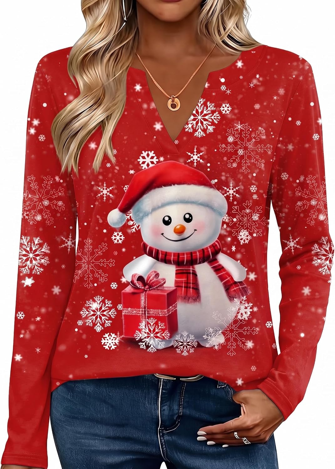 image:imageZeagoo Womens Tops Long Sleeve V Neck Tee Shirts Cute Dressy CasualRed Snowman Sd508