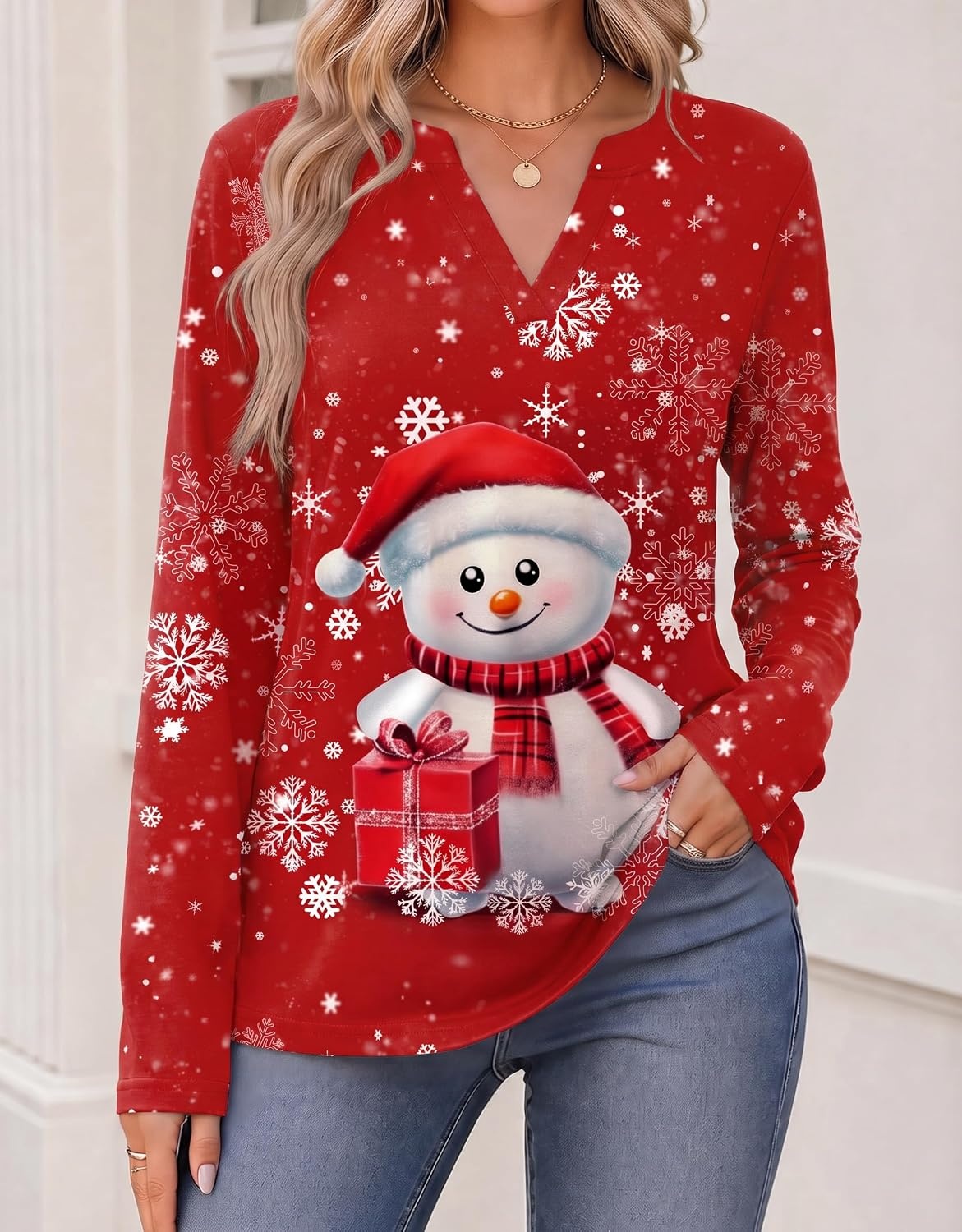 image:imageZeagoo Womens Tops Long Sleeve V Neck Tee Shirts Cute Dressy CasualRed Snowman Sd508